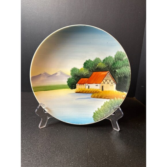 Vintage Hand Painted Cottage Scene Plate 8" Japan Landscape Wall Art - Picture 1 of 5